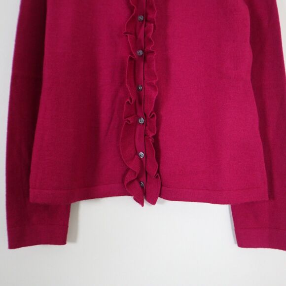 Garnet Hill Size M 100% Merino Wool Ruffle Cardigan Fine Knit Pink Fuchsia - Picture 5 of 9